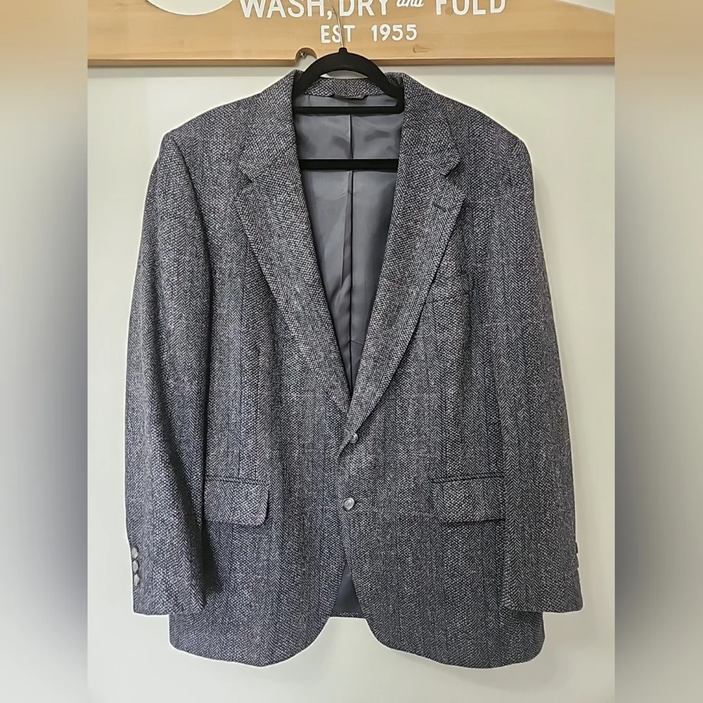 Vintage Cricketeer 44R Wool Herringbone Blazer Sport Coat Gray Brown Tweed USA